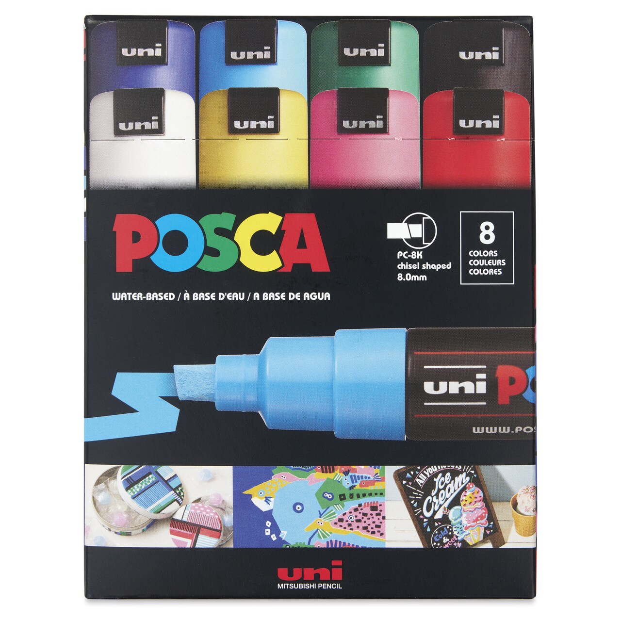 Posca Paint Markers - Set of 8, Classic Colors, Broad Chisel Tip, 8 mm